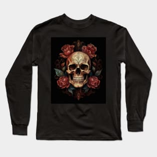 Eternal Beauty: Skull and Rose Illustration in Rococo Realms Long Sleeve T-Shirt